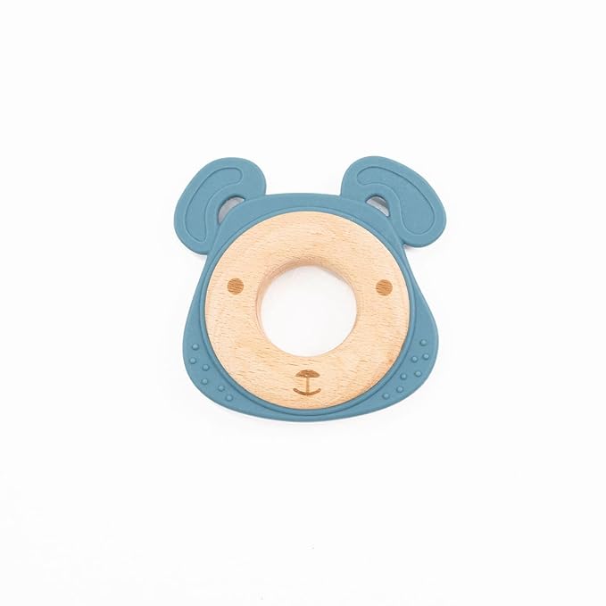 Blue Dog Baby Teething Toy for 0-12 Months | Food-Grade Silicone & Natural Beech Wood Teether | Easy-to-Hold Animal Shapes for Soothing Chewing | BPA-Free Teethers for Babies Boys & Girls