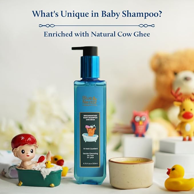 Blue Nectar Baby Shampoo for Kids with Natural Ghee | No Tear Formula (6.76Fl Oz) with Baby Hair Oil with Organic Ghee, Almond Oil, Coconut Oil (3.38Fl Oz)