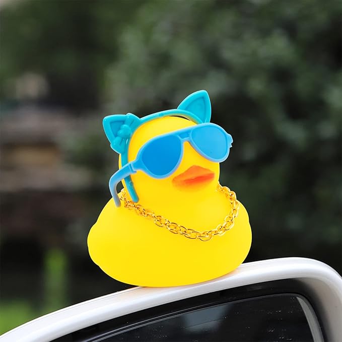 wonuu Car Duck Rubber Duck Car Ornaments Duck Car Dashboard Decorations with Cute Headband Swim Ring Necklace Sunglasses, B-Blue A Bunny Headband-Transparent