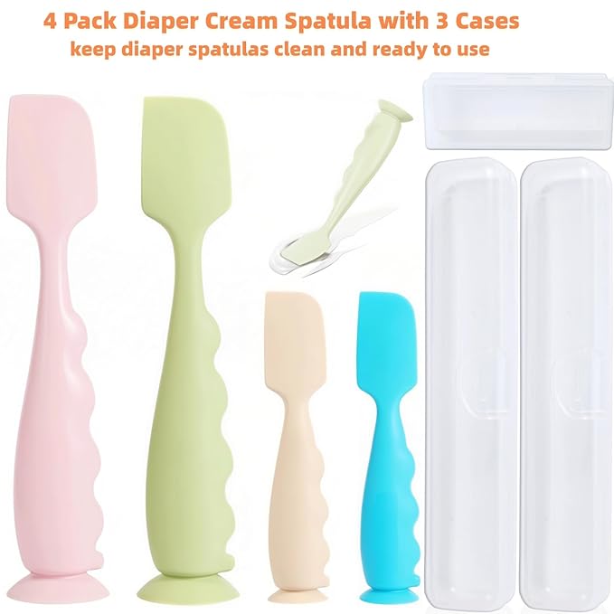 Diaper Cream Spatula with Case, 4 Pack Soft Baby Butt Spatula baby diaper cream Applicator,Silicone Diaper Rash spatula,Butt Paste spatula Brush(2 Large 2 Small with 3 Case)