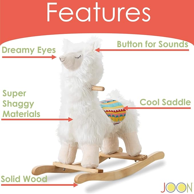 LOLA Rocking Horse Llama by JOON, Great for Toddler Development, Incredibly Soft Shaggy Fur, Safe Rocker with Sturdy Wooden Handles & Base, Boost Imagination & Creativity with Lullaby Sounds, White