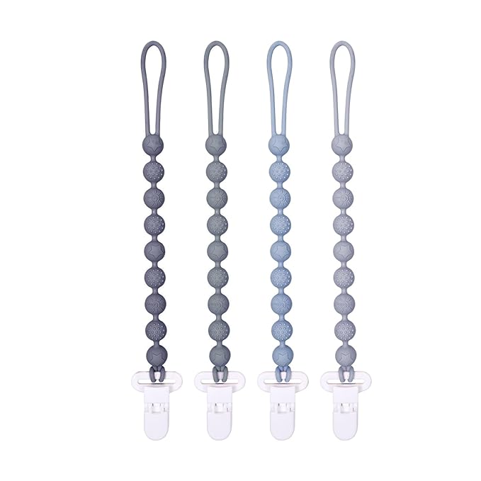 4 Pcs Gray Baby Silicone Teething Pacifier Clip,One-piece Design,Round Shape,Textured Surface,BPA Free.