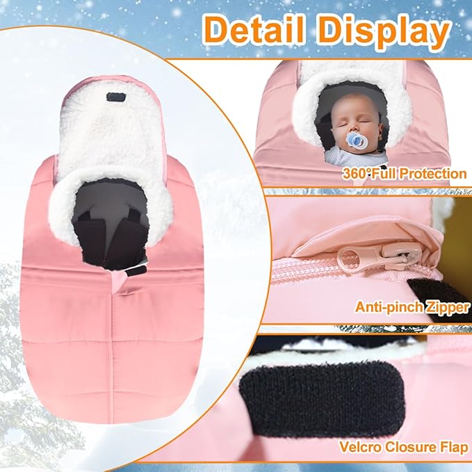 Winter Baby Car Seat Cover - Infant Carseat Bunting Bag Blanket Keep Baby Warm for Newborn Boys Girls- Cold Weather Insulated Windproof Carrier Canopy for Travel (Pink)