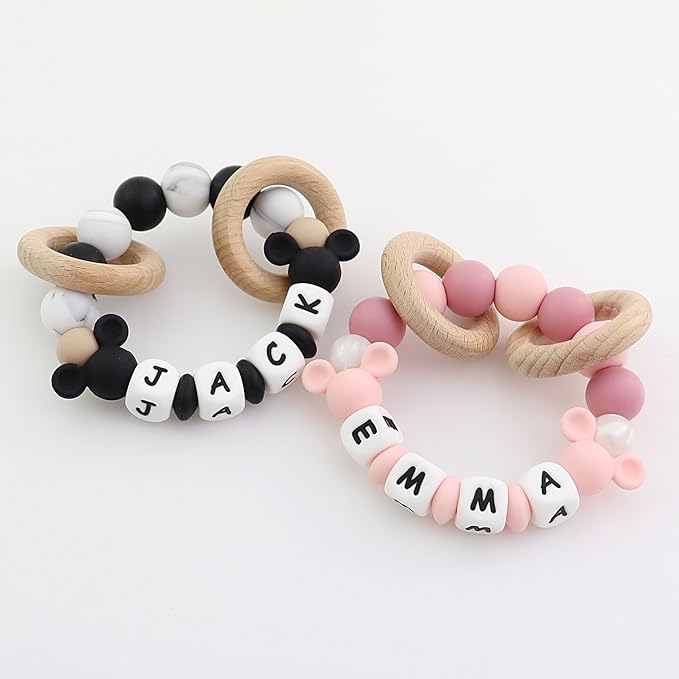 Personalized Baby Teether Rattle with Name - Custom Wooden Teething Toy for Boys & Girls - Handmade Mouse Keepsake Baby Shower Gift (Pink)