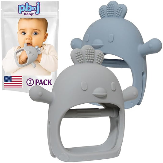 PBnJ Baby Teething Mittens for Babies 0-6 Months, 2 Pack Silicone Teething Mitten with 3 Textures & Crinkle Sound, BPA-Free Teether Glove for Teething Relief, Adjustable Baby Teething Toys 3-6 Months