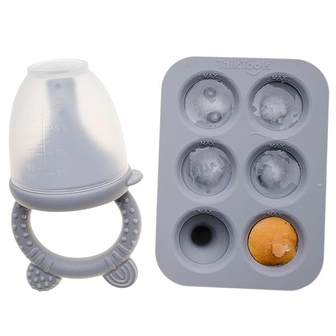 TalkTools® Silicone Baby Food Feeder with Tray, Fresh/Frozen Fruit Feeder for Babies, Teething Soothing, BPA-Free, Easy-Clean, Dishwasher Safe