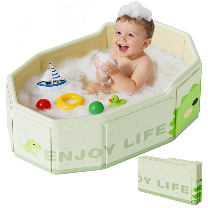 Foldable Baby Bath, Collapsible Baby Bathtub 3M-8Y, Portable Travel Baby Bath Tub with Non-Slip Base, Pop Up Folding Newborn Toddler Shower Tub, Space Saving, Dinosaur Pattern