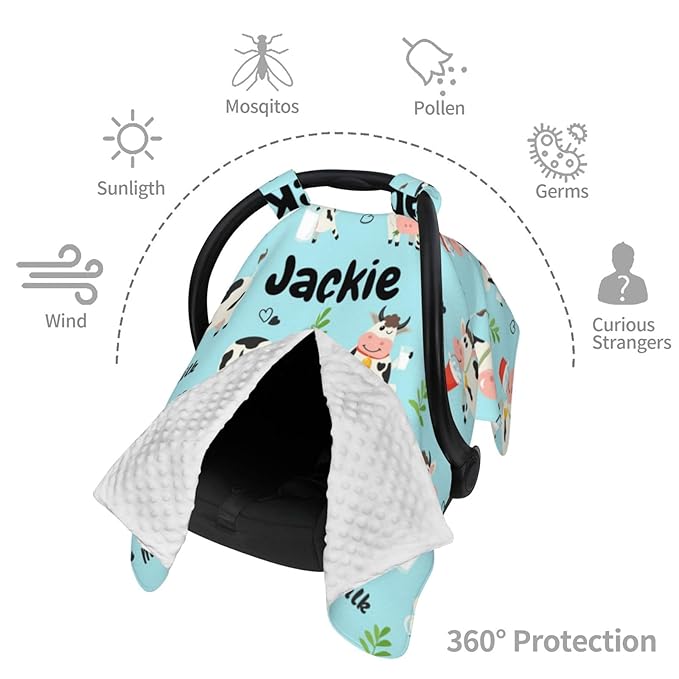 Custom Baby Car Seat Canopy for Babies with Name, Personalized Cute Cow Baby Car Seats Covers for Boys, Opening Minky Nursing Breastfeeding Stroller Cover Infant Carseat Canopies for Newborn