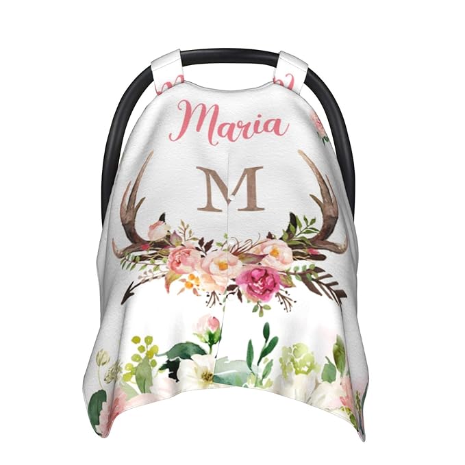 Personalized Baby Car Seat Canopy for Babies, Custom Name Car Seat Covers for Baby Girl, Antlers Deer Opening Minky Nursing Breastfeeding Cover for Infant, Carseat Canopies for Newborn
