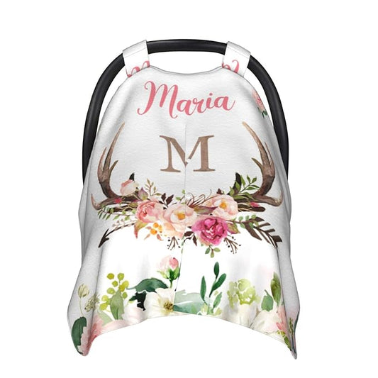 Personalized Baby Car Seat Canopy for Babies, Custom Name Car Seat Covers for Baby Girl, Antlers Deer Opening Minky Nursing Breastfeeding Cover for Infant, Carseat Canopies for Newborn