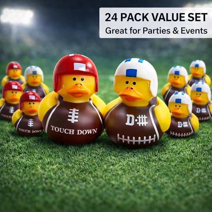 GIFTEXPRESS 24 Pack Football Rubber Duckies, 2 Inch Mini Sports Theme Ducks with Helmets, Assorted Styles, Touchdown Bath Toys for Game Day, Football Party Favors, Classroom Prizes