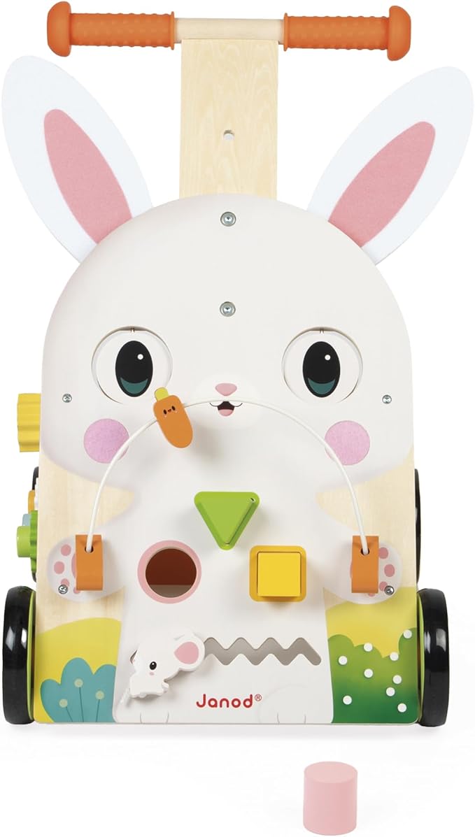Janod - Farm Multi-Activity Trolley - Wooden Push Cart - 9 Activities - Patented Brake System and Silent Wheels - Developmental Toy for Children - From 12 Months - J03326
