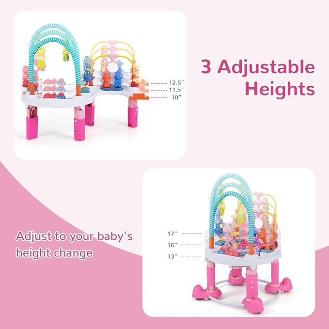 INFANS Baby Bouncer Activity Center, 5 in 1 Toddler Bouncing Activity Saucer Playtime Mat Activity Table with 360°Rotating Seat, 3 Adjustable Height, Foldable Exersaucer Learning Walker (Pink)