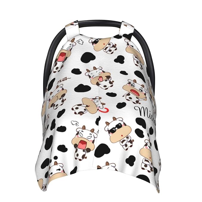 Personalized Cute Cow and Cow Spot Baby Infant Car Seats Canopy for Babies with Name, Custom Car Seat Covers for Baby Boys Girls, Peekaboo Minky Nursing Breastfeeding Stroller Canopies for Newborn