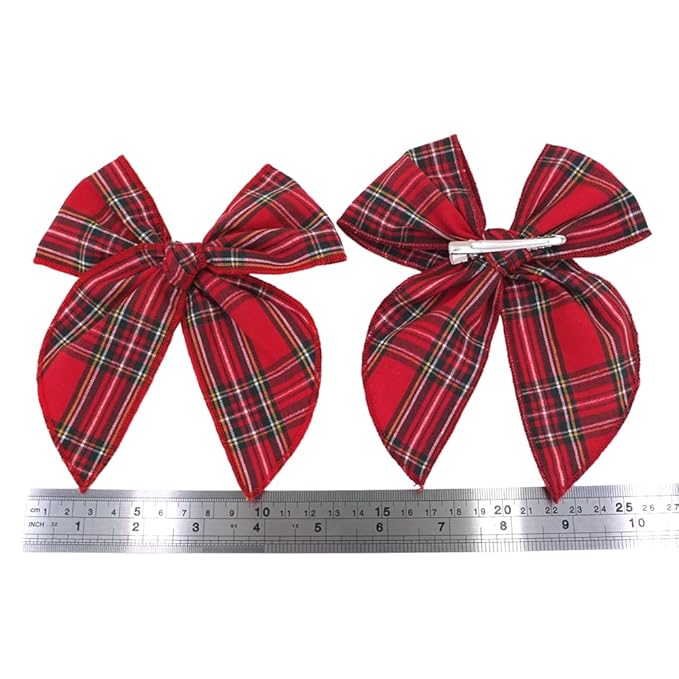 Velvet Plaid Bow Hair Clips and Accessories for Little Girls and Baby Moms - Red Green White Christmas Fable (4 Pack)