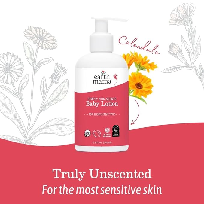 Earth Mama Simply Non-Scents Baby Lotion for Dry Skin, Calendula Cream for Newborn Skin Care, Children's Moisturizer with Aloe Juice, Rooibos, & Shea Butter, Fragrance Free, 8-Fl oz (2-Pk)