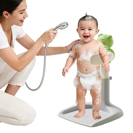 Adjustable Baby Shower Stand with Anti-Slip Base,Bath Shower Standing Support Stand,Portable Bath Helper Bath Support for Infants Portable Bath Helper for Baby 8-24 Months (Green-E)