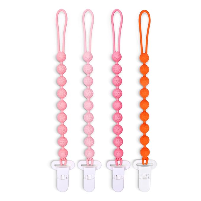 4 Pcs Pink Baby Silicone Teething Pacifier Clip,One-piece Design,Round Shape,Textured Surface,BPA Free.