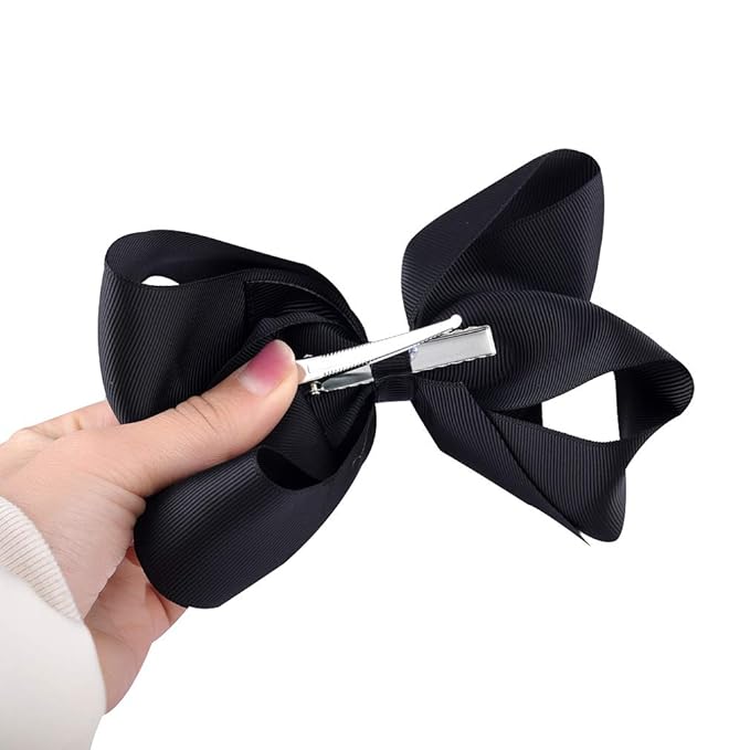DEEKA 2 PCS 6" Big Hand-made Grosgrain Ribbon Solid Color Hair Bows Alligator Clips Hair Accessories for Little Teen Toddler Girls Kids Set of 2 -Black