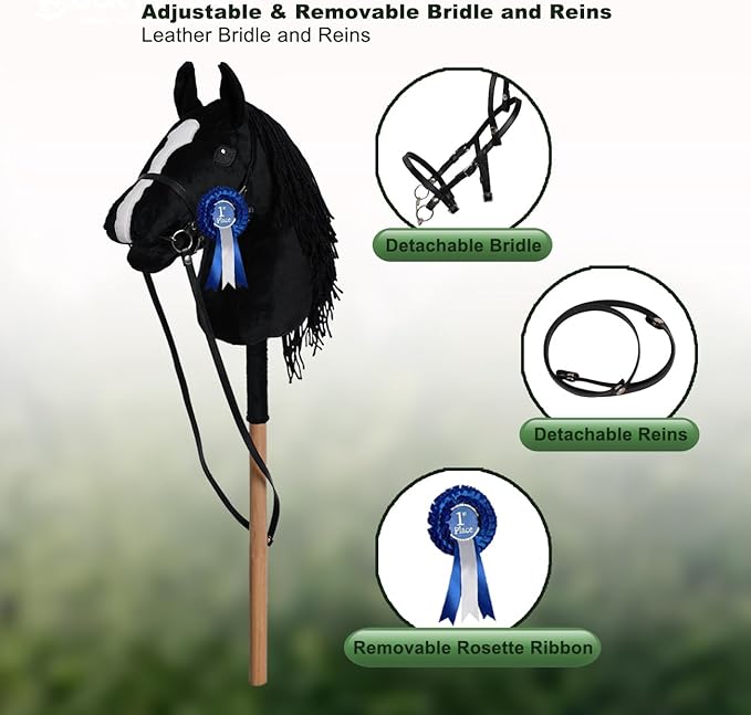 ROCK MY BABY Hobby Horse with a Detachable Bridle Plush Stuffed Stick Horse with Award Ribbon for Kids 3+ Years Old (Black)