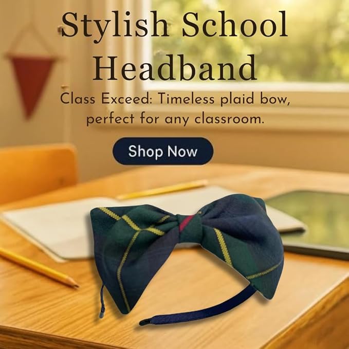 ClassExceed School Headband, Plaid bow headband, back to school, available in variety of school plaids (Plaid 55 Hunter Navy Red plaid, Regular)