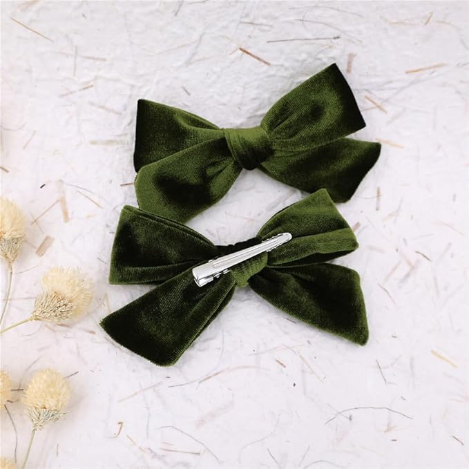 Vintage Velvet Bow Hair Clips for Baby Girl Kids Women Fall Velvet Christmas Hair Bows Barrettes Accessories (2 pcs Olive)