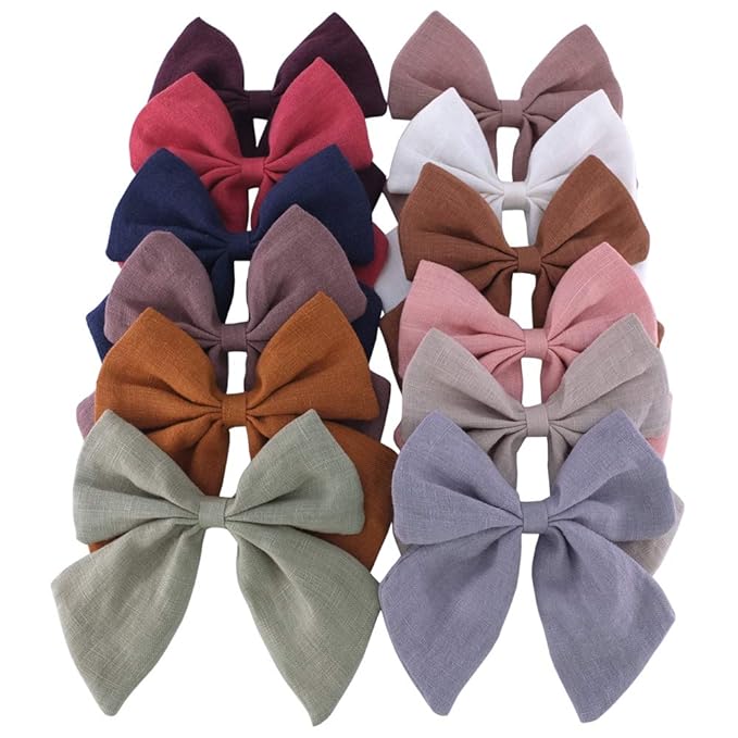 Original Linen Bow Hair Clips Girls Women Large Sailor Bows Baby and Mom Hair Alligator Clips White Navy Neutral Bow