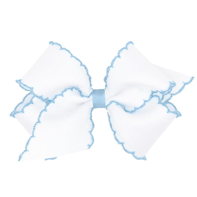 Wee Ones Girls' Classic Grosgrain Moonstitch Edge Hair Bow, No-Slip Hair Clip, Handmade, White with Blue, Medium