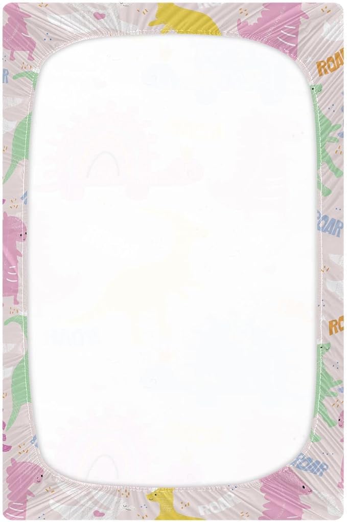 Fitted Crib Sheets Pink Cute Dinosaurs Stretchy Portable Playard Sheets for Baby Toddler, Breathable Soft Mini Crib Mattress 39 x 27 in for Boys and Girls