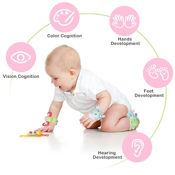 Jerify 4 Pcs Baby Wrist Rattles Animal Pattern Newborn Rattle Wrist Foot Toy for Babies Boy Girl Infant Birthday Gifts Educational Toys, 4 Designs