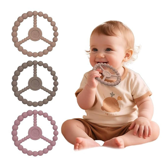 Baby Teething Rings 3-6 Months, 3 Pack Silicone Ring Teether Toys for Babies 0-6 & 6-12 Months Chewing Relief, Freezable & Easy Grip, Infant Essentials, Boys & Girls Gifts (Clay DustyRose Brown)
