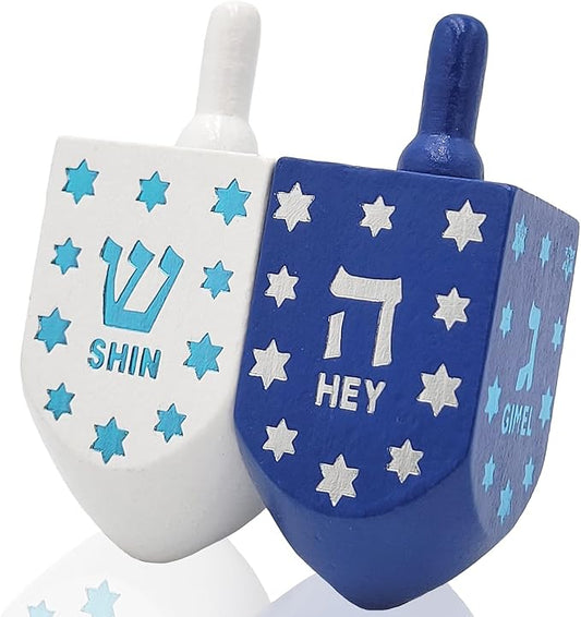 The Dreidel Company Extra Large Hand Painted Wood Hanukkah Dreidels, 10-Pack Blue & White Star Design