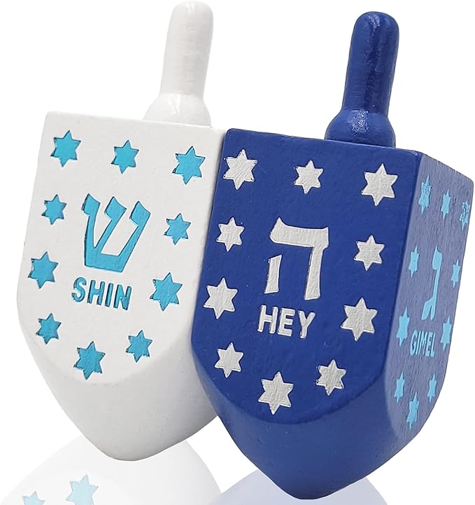 The Dreidel Company Extra Large Hand Painted Wood Hanukkah Dreidels, 2-Pack Blue & White Star Design