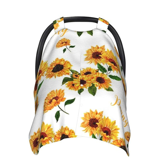 Personalized Yellow Sunflower Baby Infant Car Seats Canopy for Baby with Name, Custom Lightweight Covers for Baby Boys Girls, Minky Nursing Breastfeeding Stroller Cover Canopies for Newborn