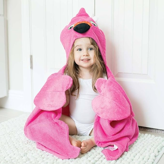 ZOOCCHINI Hooded Bath Towel for Kids 100% Cotton Terry, Plush & Absorbent for Bathtime or Pool, 50" x 22" 2-6 Years, Franny the Flamingo