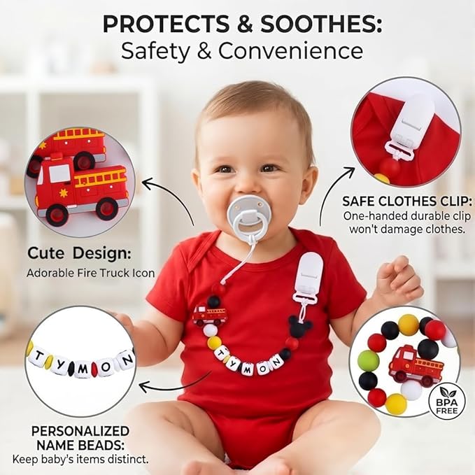 Pacifiers Clips Personalize Name Car Truck Design Pacifier Clips Holder, Custom Pacifier Chain with Name for Baby Boy