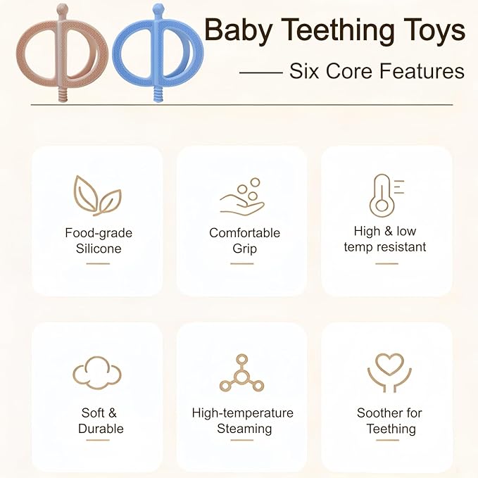 2-Pack Baby Teething Toys, Food Grade BPA-Free Silicone Baby Teether for 3-18 Months, Ring-Shaped Teething Toy for Babies, Multi-Textured Choke-Proof Easy Grip Teether for Infants (Khaki&Blue)