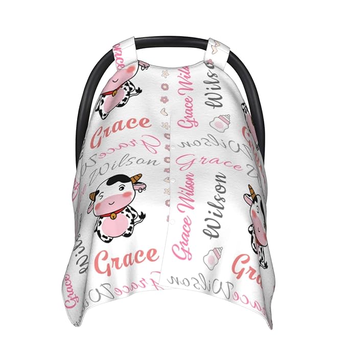 Personalized Cute Little Cow Baby Car Seats Canopy for Babies with Name, Custom Monogram Car Seat Covers for Girls, Opening Minky Nursing Breastfeeding Cover Infant Carseat Canopies for Newborn