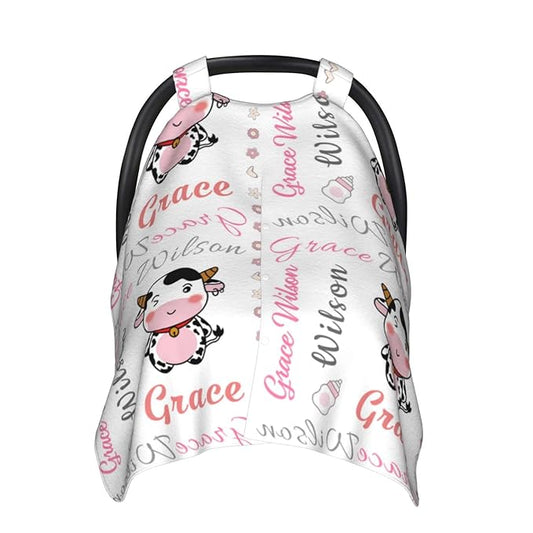 Personalized Cute Little Cow Baby Car Seats Canopy for Babies with Name, Custom Monogram Car Seat Covers for Girls, Opening Minky Nursing Breastfeeding Cover Infant Carseat Canopies for Newborn