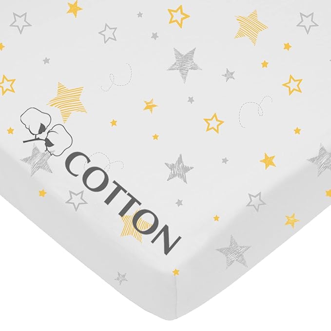 American Baby Company 100% Natural Cotton Fitted Pack and Play Sheet 39" x 27" - Soft & Breathable Pack N Play Sheet for Playpen, Playard & Mini Crib Mattress, Yellow Super Star, for Boys & Girls