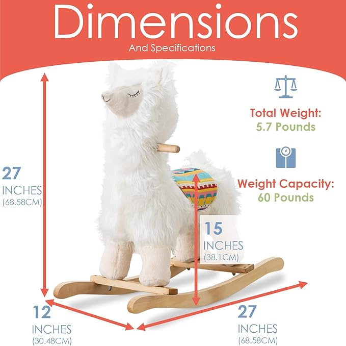 LOLA Rocking Horse Llama by JOON, Great for Toddler Development, Incredibly Soft Shaggy Fur, Safe Rocker with Sturdy Wooden Handles & Base, Boost Imagination & Creativity with Lullaby Sounds, White