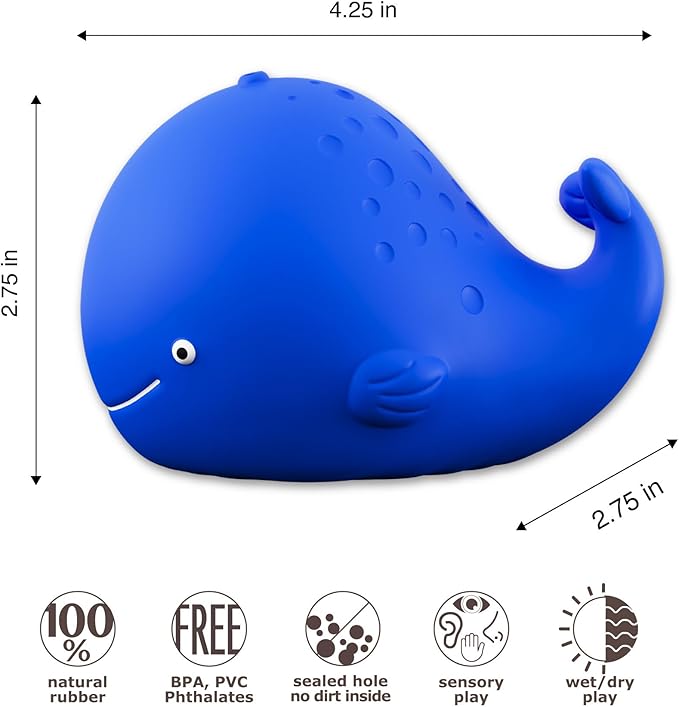 caaocho Pure Natural Rubber Bath Toy - Kala The Whale Baby Toy - Hole Free, BPA Free Bath Toys for Infants, Without Holes Sealed Natural Rubber