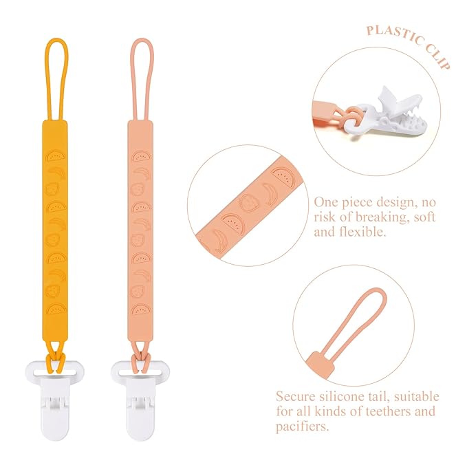 One Piece Design Silicone Pacifier Clip Holder for Baby Boys and Girls,Pack of 4 Flexible Paci Leash,Binky Clips,Newborn Essentials (Fruits, Yellow)