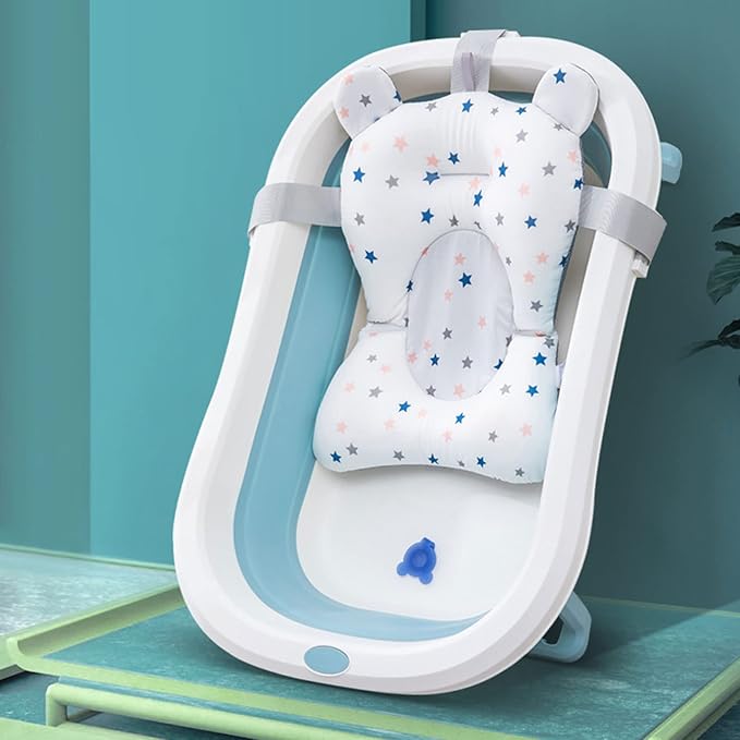 Baby Bath Seat, Baby Bath Cushion Floating Newborn Bathtub Mat Baby Bath Mat Infant Bath Supporter Net Baby Bathtub Pillow Bath Supporter for Newborn (White Stars)