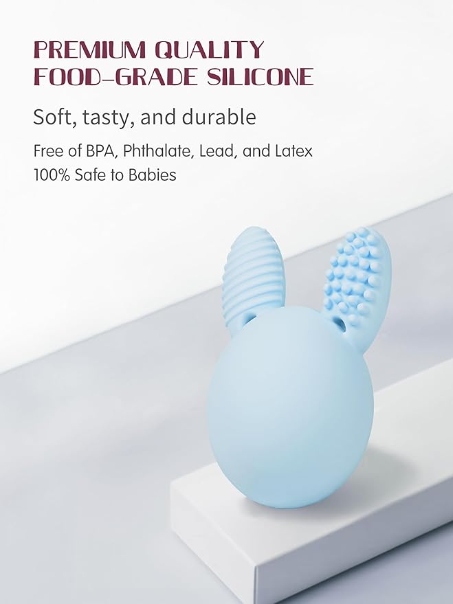 Teether Baby Teething Toy Rabbit Egg Rattle Toy Teething Pain Relief for Babies Boys Girls - Blue