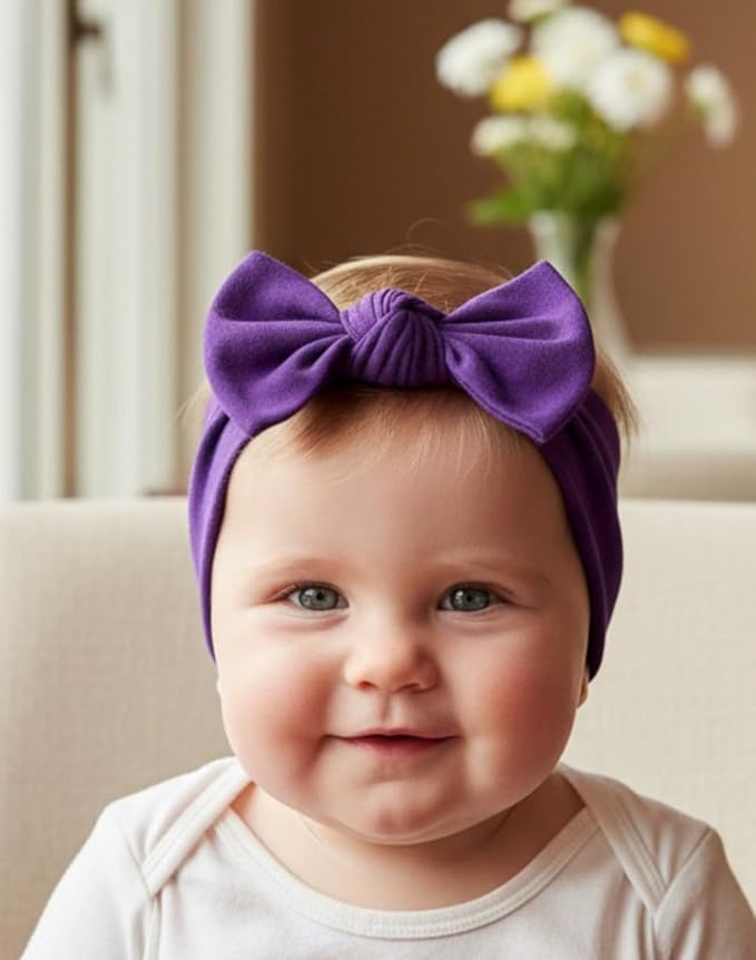 Baby Girl Headbands 0–6 Months – Newborn Infant Soft Cotton Handmade Bow Headband, Stretchy No Mark Baby Hair Accessories (Purple, 0-6 Month)