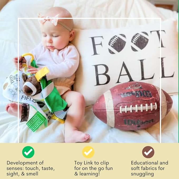Baby Jack & Co 10x10” Football Sports Lovey Sensory Plush Blanket - Tag Toys for Babies - Baby Stroller Toys - Learn Shapes, Letters & Colors - MVP Baby Ball Toy & Baby Sports Gift