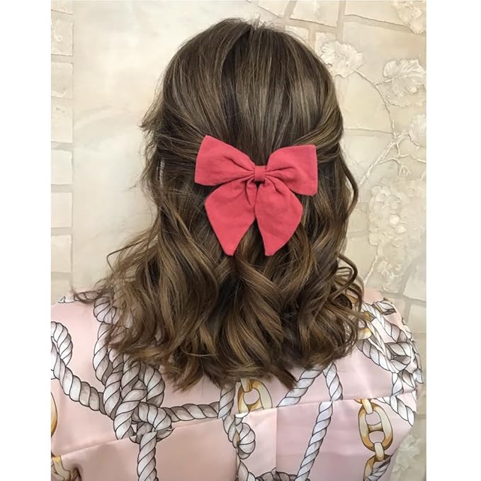 4 PCS Sailor Bow Hair Clips for Kids Girls Women Linen cotton Hair Bow Alligator Clips Baby Toddler Girl Mom Hair Accessories (Cinnabar/Pink)