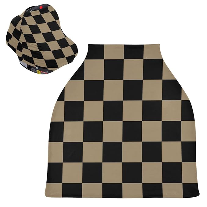 Retro Black Checkered Baby Car Seat Covers Geometric Square Plaid Carseat Canopy Soft Infant Stroller Cover Nursing Breastfeeding Covers for Girls Boys Newborn Fit Summer Spring Autumn