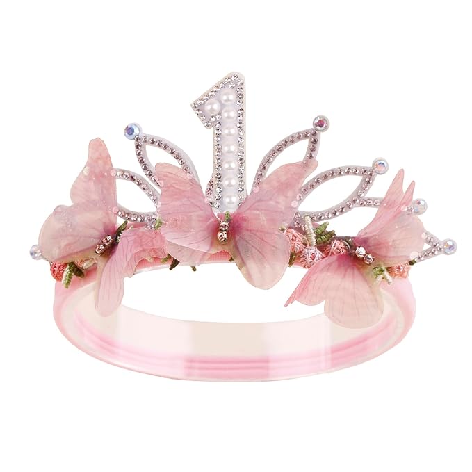 cherrboll Baby Girl Birthday Crown Floral Headband, Soft Flower Head Wrap Tiara Hairband for 1-3 Years Old Toddlers Kids First 1st Birthday Party Dress Photo Decoration